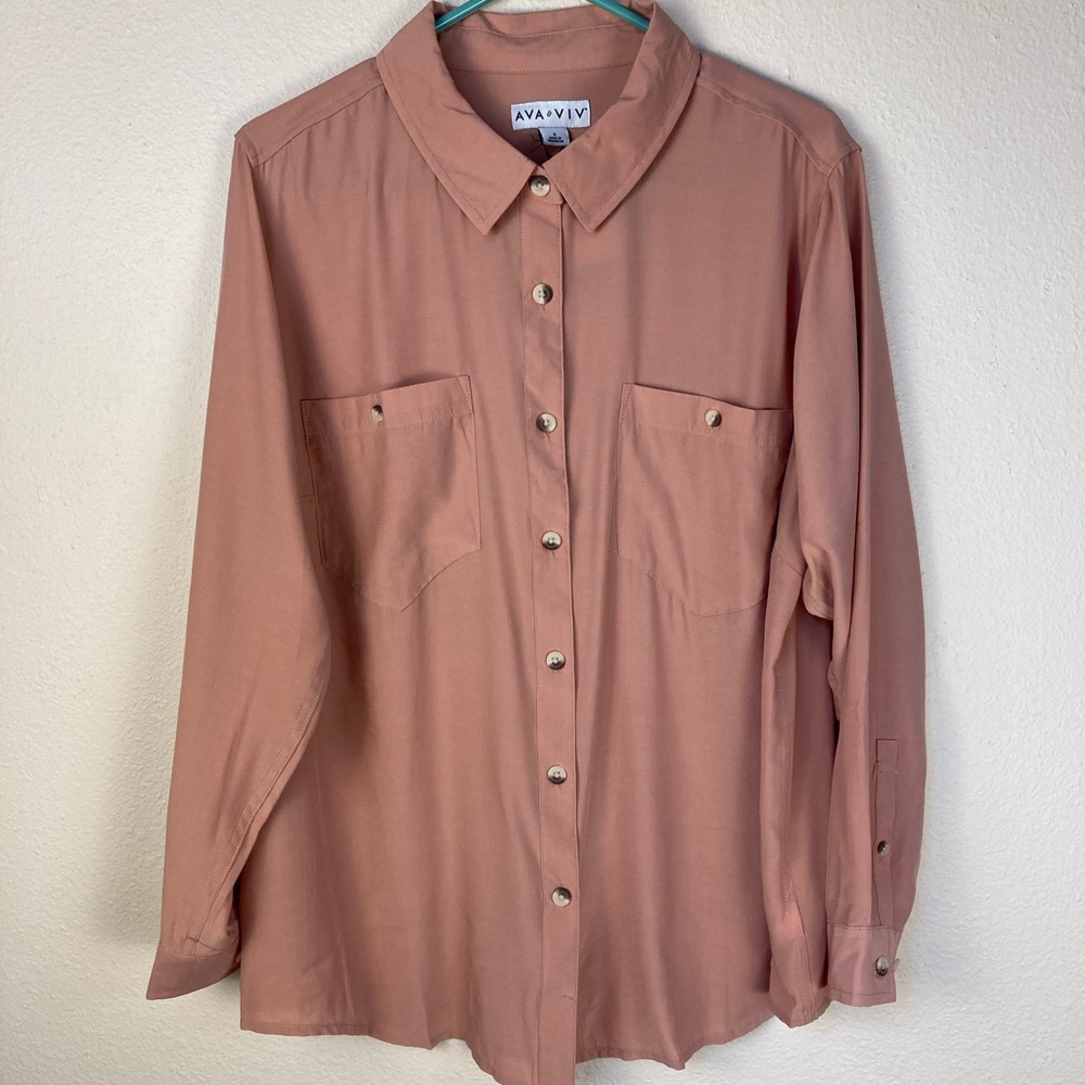 Ava & Viv Women's Coral Colored Shirt No-Gap Button Front Blouse Long Sleeve Top